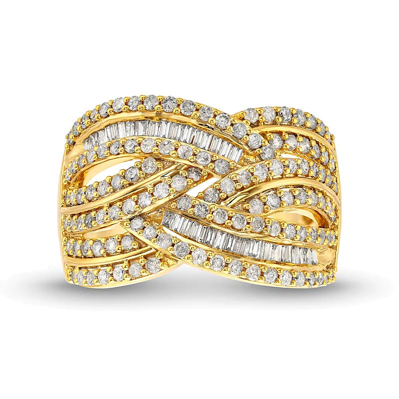 1.0 CT. TW Baguette and Round Diamond Layered Overlay Band in 10K Gold