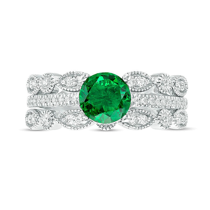 6.5mm Lab-Created Emerald and 0.25 CT. TW Diamond Vintage-Style Three Piece Bridal Set in Sterling Silver
