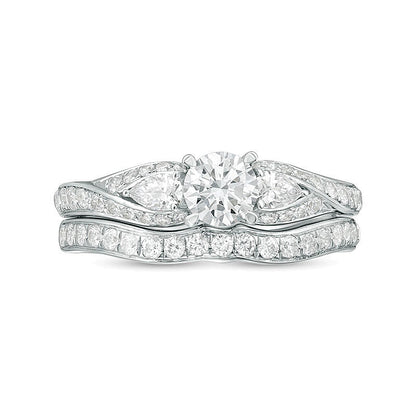 1.38 CT. TW Diamond Bypass Three Stone Bridal Set in 14K White Gold