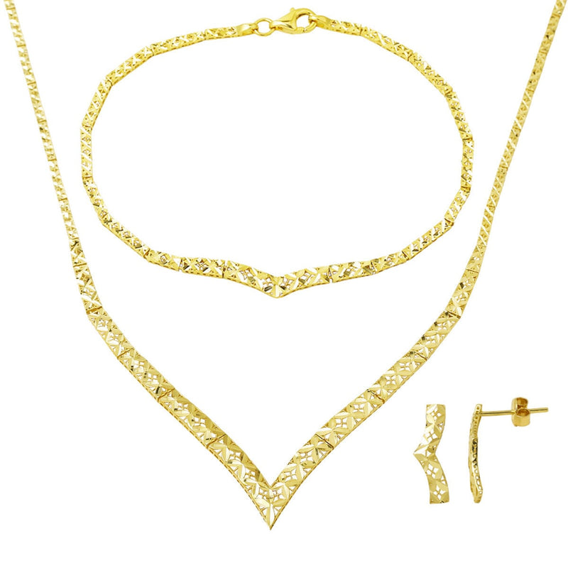 14K Yellow Gold Chevron Flower of Life Wedding Set