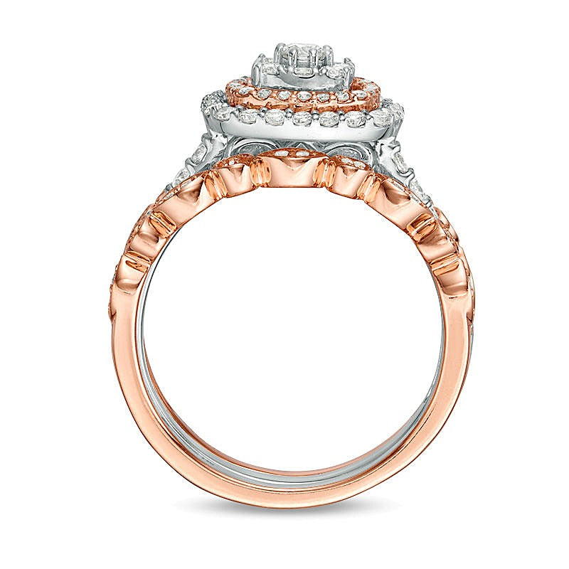 0.88 CT. TW Composite Diamond Double Cushion Frame Art Deco Vintage-Style Three Piece Bridal Set in 14K Two-Tone Gold