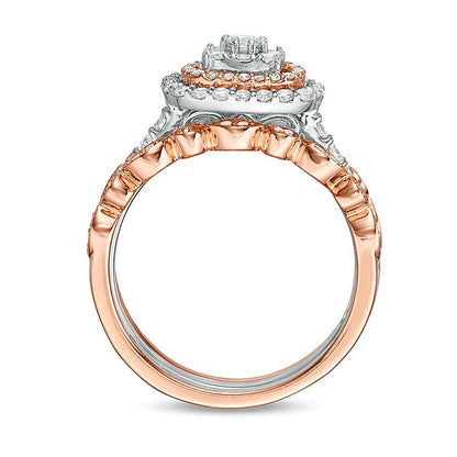 0.88 CT. TW Composite Diamond Double Cushion Frame Art Deco Vintage-Style Three Piece Bridal Set in 14K Two-Tone Gold