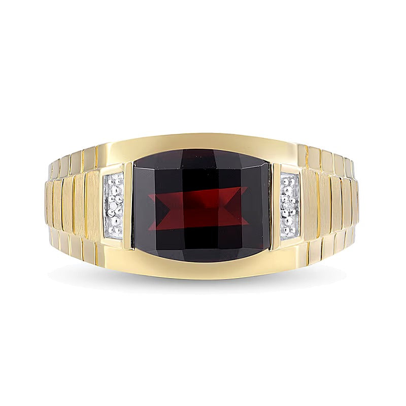 Barrel-Shaped Garnet and Diamond Accent Ribbed Shank Comfort-Fit Ring in 10K Gold