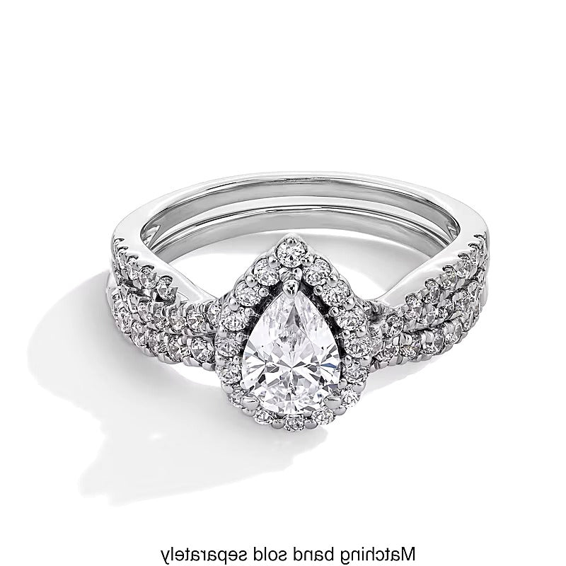 1.0 CT. TW Pear-Shaped Lab-Grown Diamond Frame Crossover Shank Engagement Ring in 14K White Gold (F/SI2)