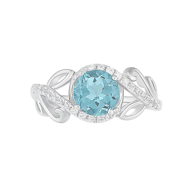7.0mm Aquamarine and 0.38 CT. TW Diamond Bypass Leaf Shank Bridal Set in 10K White Gold