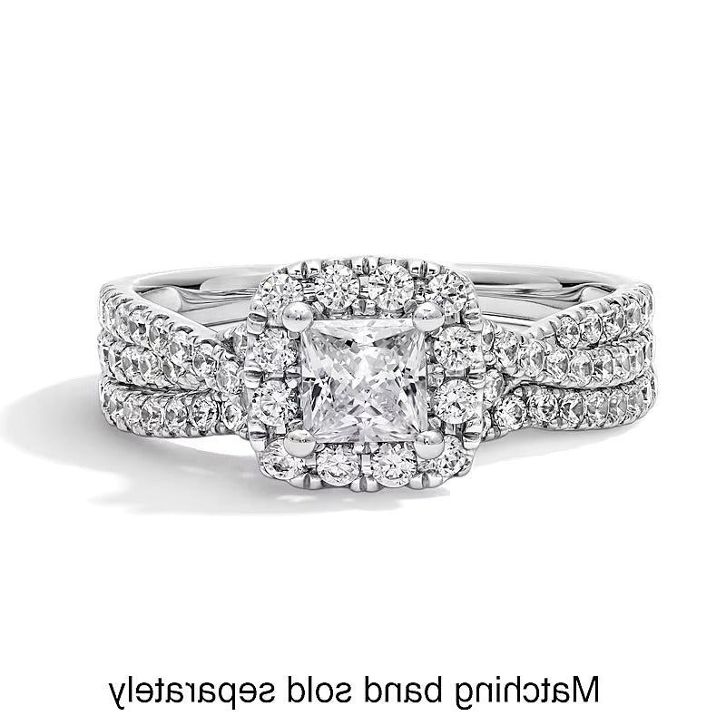 1.0 CT. TW Princess-Cut Lab-Grown Diamond Cushion Frame Crossover Shank Engagement Ring in 14K White Gold