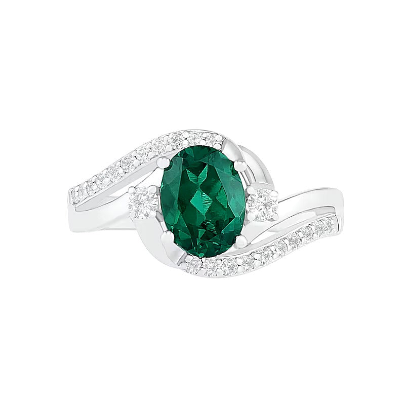 Oval Lab-Created Emerald and White Sapphire Side Accent Double Bypass Split Shank Bridal Set in Sterling Silver
