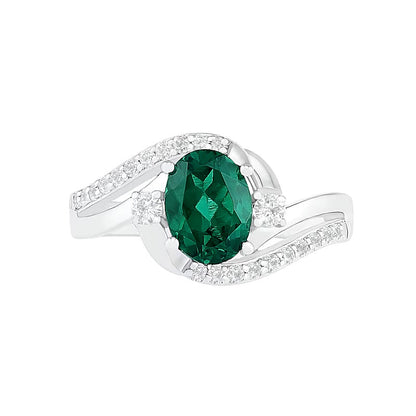 Oval Lab-Created Emerald and White Sapphire Side Accent Double Bypass Split Shank Bridal Set in Sterling Silver