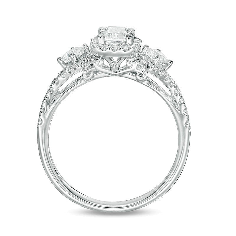 1.0 CT. TW Emerald-Cut Diamond Frame Past Present FutureÂ® Ornate Engagement Ring in 14K White Gold (I/I1)