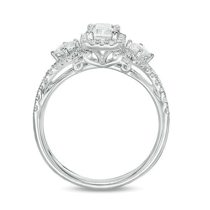 1.0 CT. TW Emerald-Cut Diamond Frame Past Present FutureÂ® Ornate Engagement Ring in 14K White Gold (I/I1)