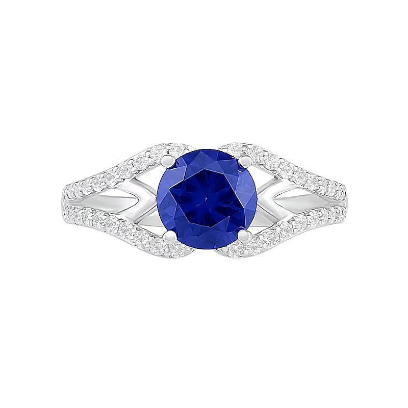 7.0mm Lab-Created Blue and White Sapphire Geometric Pointed Split Shank Bridal Set in Sterling Silver
