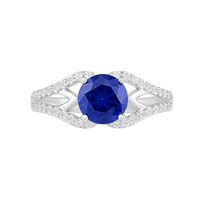 7.0mm Lab-Created Blue and White Sapphire Geometric Pointed Split Shank Bridal Set in Sterling Silver