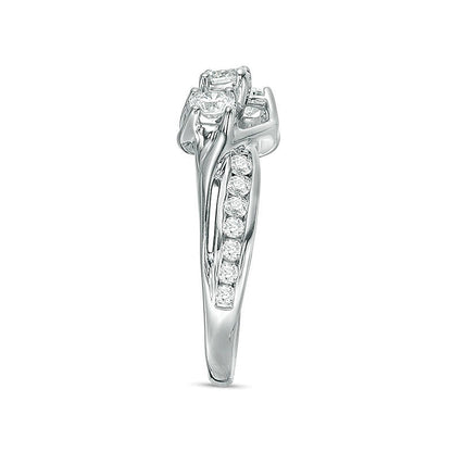 1.0 CT. TW Diamond Three Stone Slant Engagement Ring in 14K White Gold