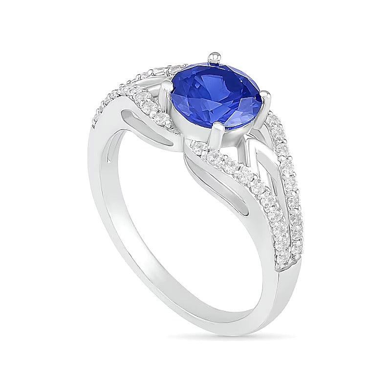7.0mm Lab-Created Blue and White Sapphire Geometric Pointed Split Shank Bridal Set in Sterling Silver
