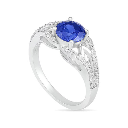 7.0mm Lab-Created Blue and White Sapphire Geometric Pointed Split Shank Bridal Set in Sterling Silver