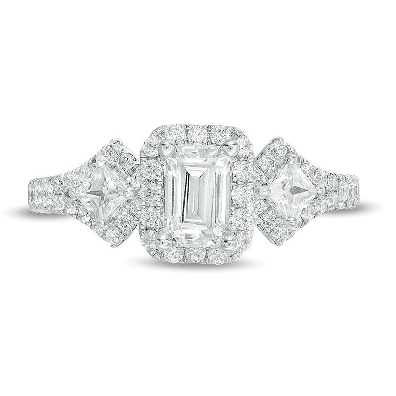 1.0 CT. TW Emerald-Cut Diamond Frame Past Present FutureÂ® Ornate Engagement Ring in 14K White Gold (I/I1)