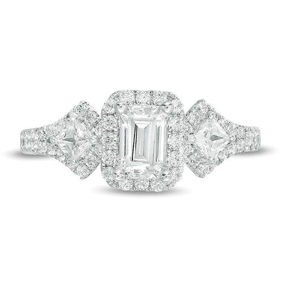 1.0 CT. TW Emerald-Cut Diamond Frame Past Present FutureÂ® Ornate Engagement Ring in 14K White Gold (I/I1)