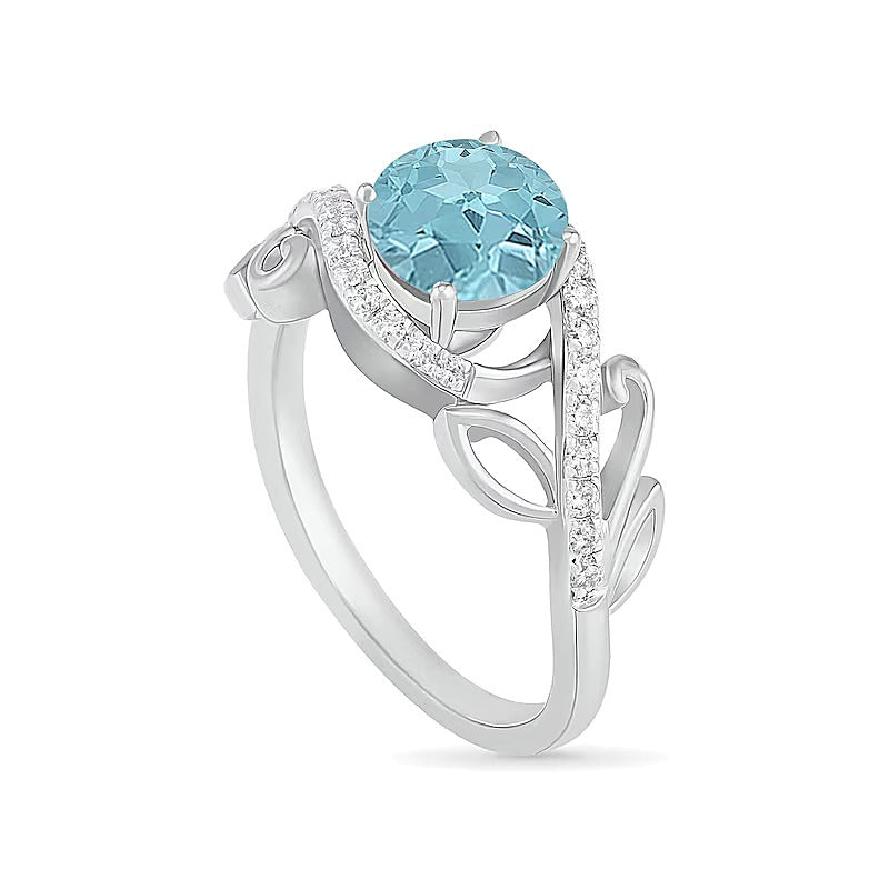 7.0mm Aquamarine and 0.38 CT. TW Diamond Bypass Leaf Shank Bridal Set in 10K White Gold