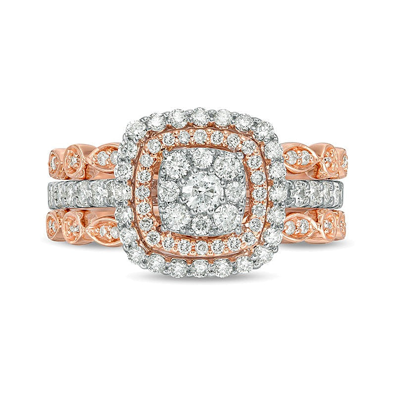 0.88 CT. TW Composite Diamond Double Cushion Frame Art Deco Vintage-Style Three Piece Bridal Set in 14K Two-Tone Gold