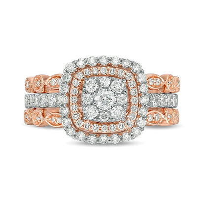 0.88 CT. TW Composite Diamond Double Cushion Frame Art Deco Vintage-Style Three Piece Bridal Set in 14K Two-Tone Gold