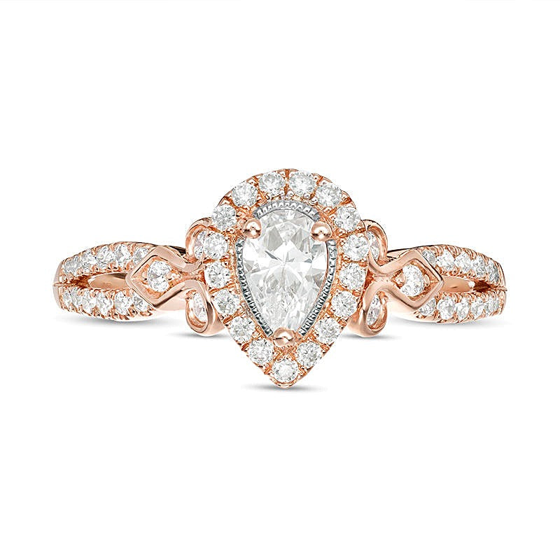 0.5 CT. TW Pear-Shaped Diamond Frame Tri-Sides Vintage-Style Engagement Ring in 14K Rose Gold