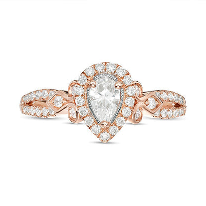 0.5 CT. TW Pear-Shaped Diamond Frame Tri-Sides Vintage-Style Engagement Ring in 14K Rose Gold