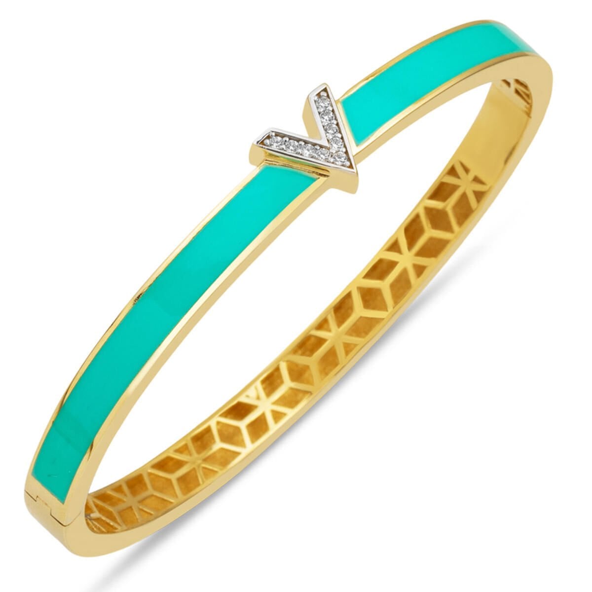 14K Yellow Gold Designer Inspired Turquoise Colored Hinged Cuff