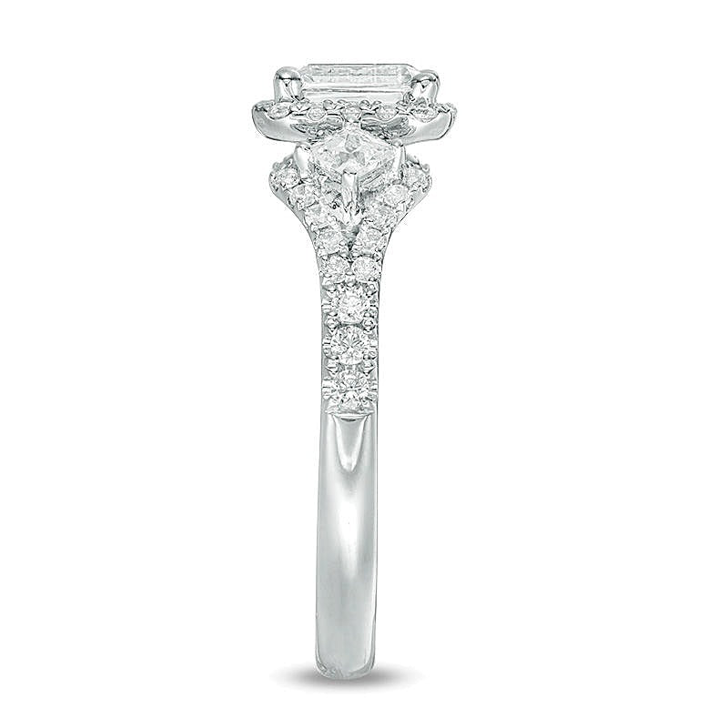 1.0 CT. TW Emerald-Cut Diamond Frame Past Present FutureÂ® Ornate Engagement Ring in 14K White Gold (I/I1)