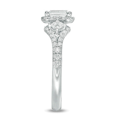 1.0 CT. TW Emerald-Cut Diamond Frame Past Present FutureÂ® Ornate Engagement Ring in 14K White Gold (I/I1)