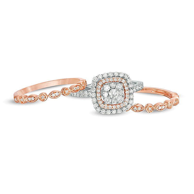 0.88 CT. TW Composite Diamond Double Cushion Frame Art Deco Vintage-Style Three Piece Bridal Set in 14K Two-Tone Gold
