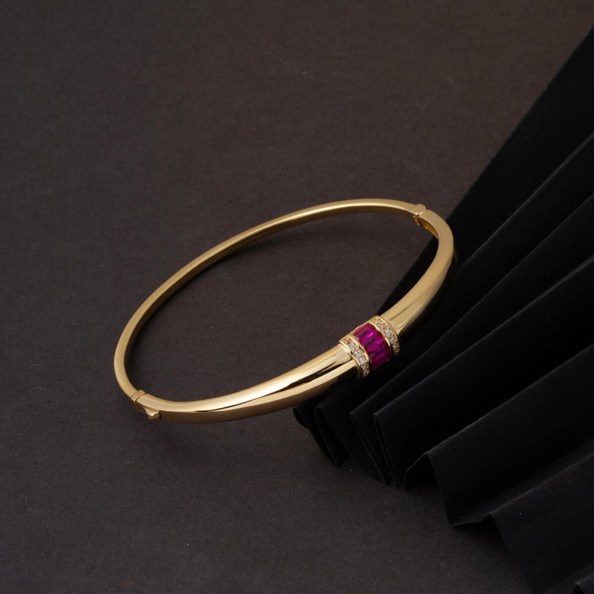 14K Pink Colored Gold Leaf Hinged Cuff Cubic Zirconia Bangle