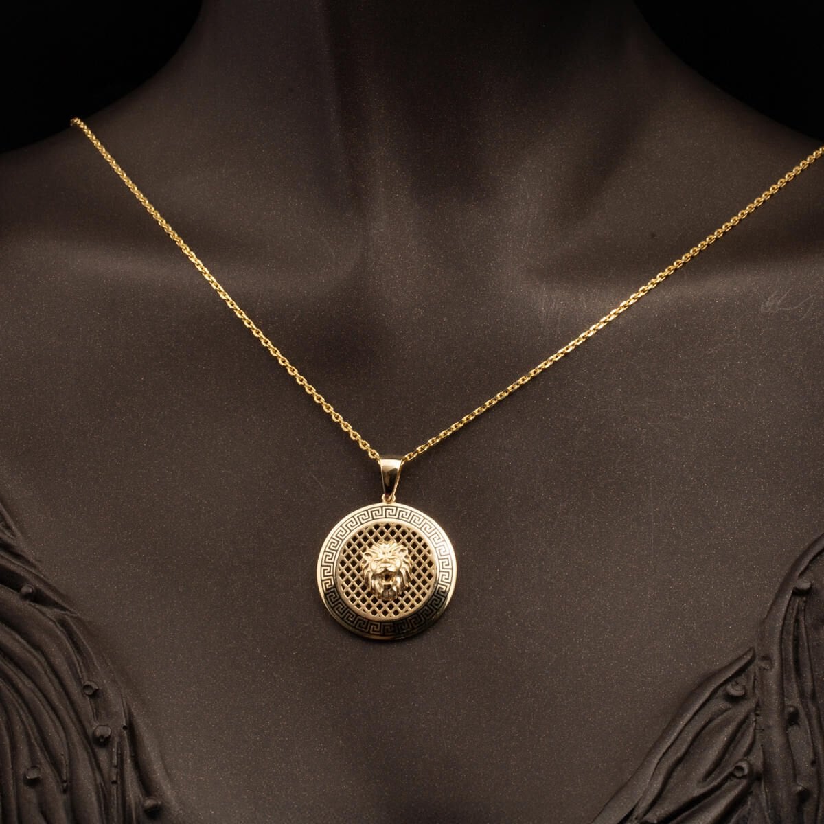 14K Yellow Gold Lion Medallion Enamel Necklace