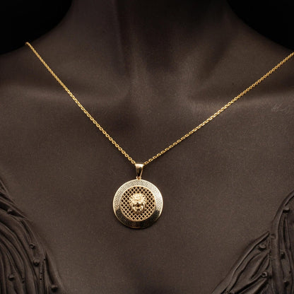 14K Yellow Gold Lion Medallion Enamel Necklace