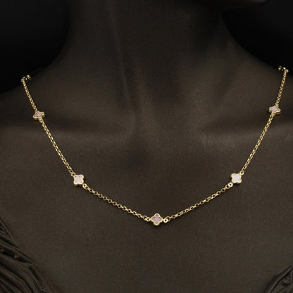 14K Yellow Gold Pink Clover Mother of Pearl Necklace and Bracelet Set