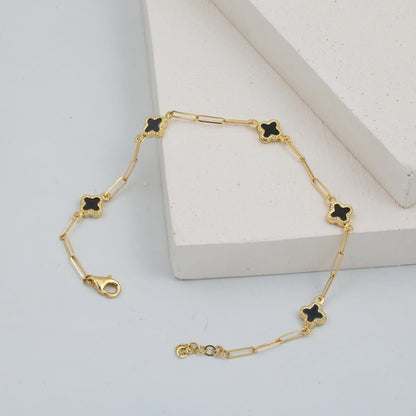 14K Yellow Gold Black Clover Paperclip Chain Onyx Bracelet