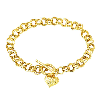 14K Yellow Gold Hoop Chain Heart Bracelet