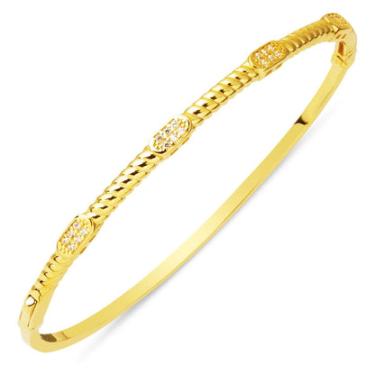 14K Yellow Gold Trendy Twisted Hinged Cuff Cubic Zirconia Bangle