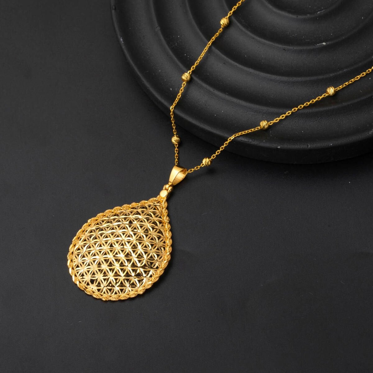 14K Yellow Gold Flower of Life Teardrop Necklace