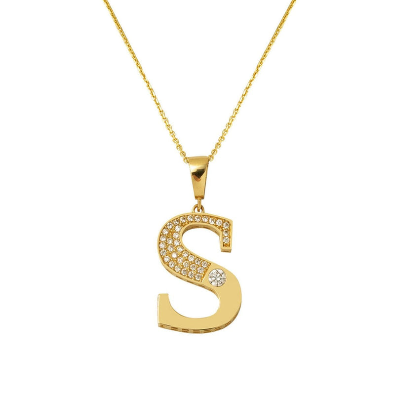 14K Yellow Gold Lettera Large S Initial Cubic Zirconia Necklace
