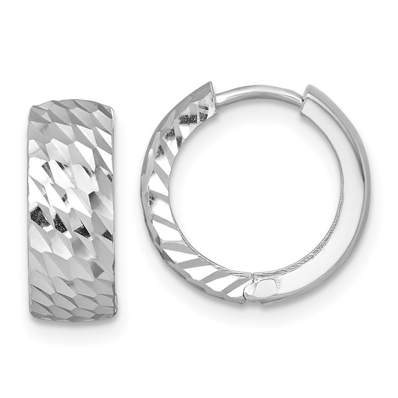 14K White Gold Polished 5.0mm Diamond-cut Round Hinged Hoop Earrings
