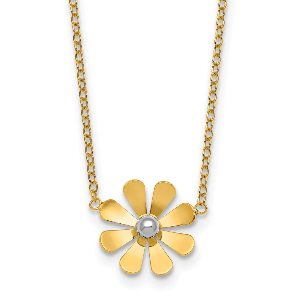 14K Yellow Gold Polished Daisy with Rhodium Center 16 Inch Necklace with 2 Inch Extender