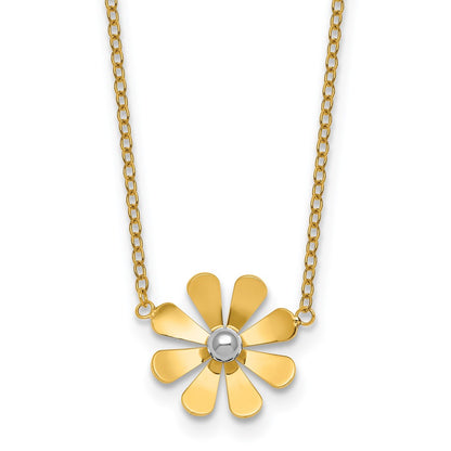 14K Yellow Gold Polished Daisy with Rhodium Center 16 Inch Necklace with 2 Inch Extender