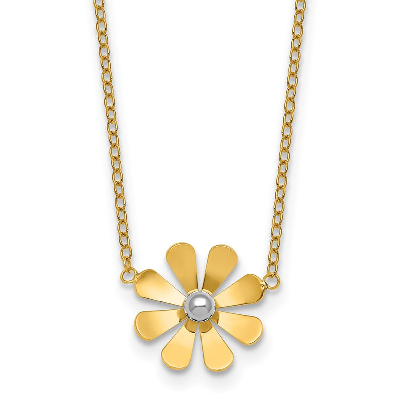 14K Yellow Gold Polished Daisy with Rhodium Center 16 Inch Necklace with 2 Inch Extender