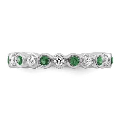 14K White Gold Polished Diamond and Emerald Fashion Ring