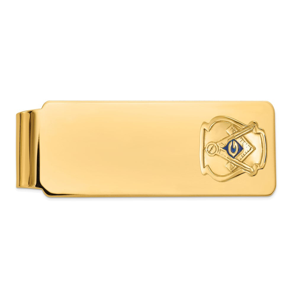 14K Yellow Gold Men's Polished and Textured with Blue Enamel Masonic Medium Money Clip
