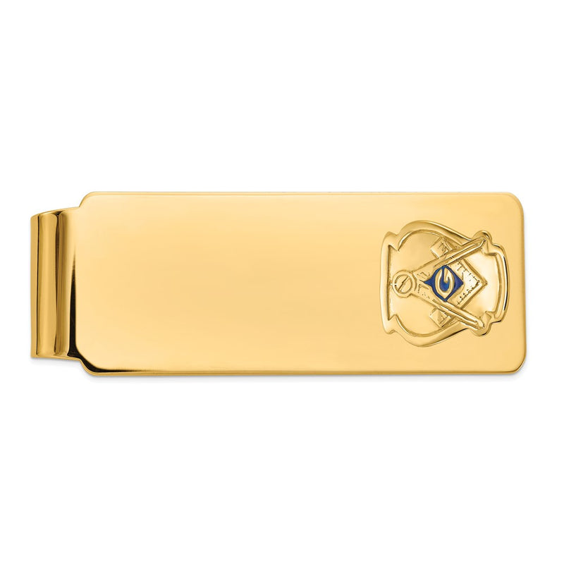 14K Yellow Gold Men's Polished and Textured with Blue Enamel Masonic Medium Money Clip