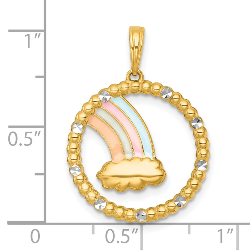 14K Yellow Gold with Rhodium Multi Color Enamel Rainbow With Cloud in Circle Charm