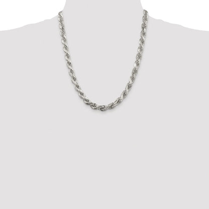 Sterling Silver Rhodium-plated 7.8mm Diamond-cut Rope 22 Inch Chain