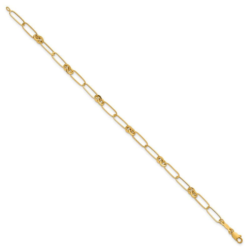 14K Yellow Gold Polished Paperclip and Round Fancy Link 7.5 Inch Bracelet