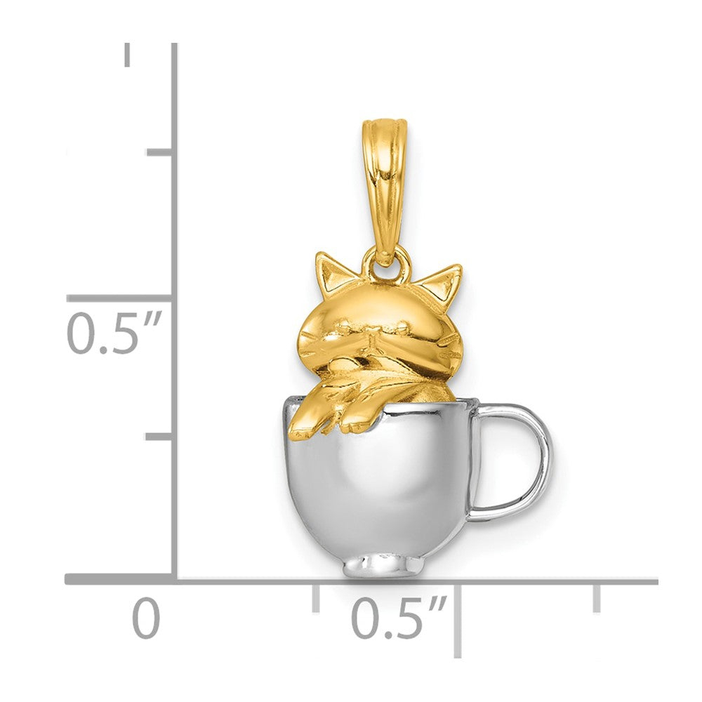 14K Yellow Gold with Rhodium Polished 3-D Cat In Mug Charm